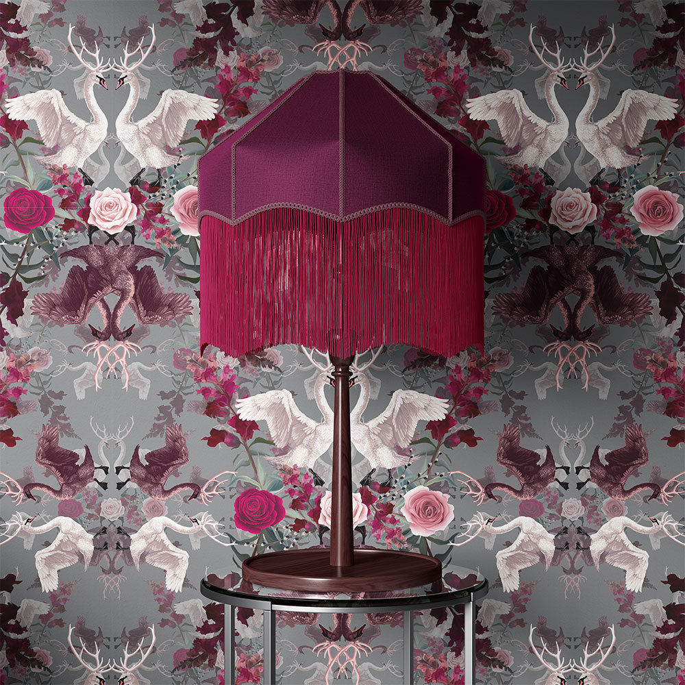 Luxury Patterned Wallpaper with Swans in Pink Grey & Claret by Designer, Becca Who