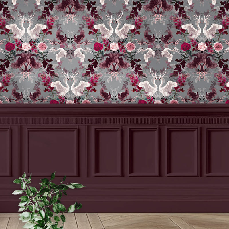 Luxury Patterned Wallpaper with Swans in Claret and Pink by Designer, Becca Who