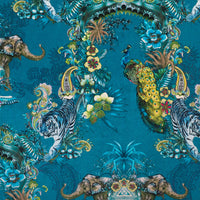 Detail of the artwork pattern on teal blue Indian wildlife print velvet furnishing fabric