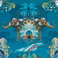 Close-up of elephant and paisley detailing on Magic Of India Indian wildlife print velvet fabric in teal blue