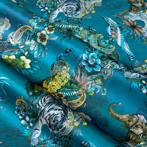 Magic Of India teal blue Indian wildlife print designer velvet fabric by Becca Who, with a peacock, Bengal tigers and elephants with paisley detailing
