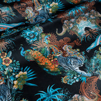 Magic Of India black Indian wildlife print designer velvet fabric by Becca Who, with a peacock, Bengal tigers and elephants with paisley detailing