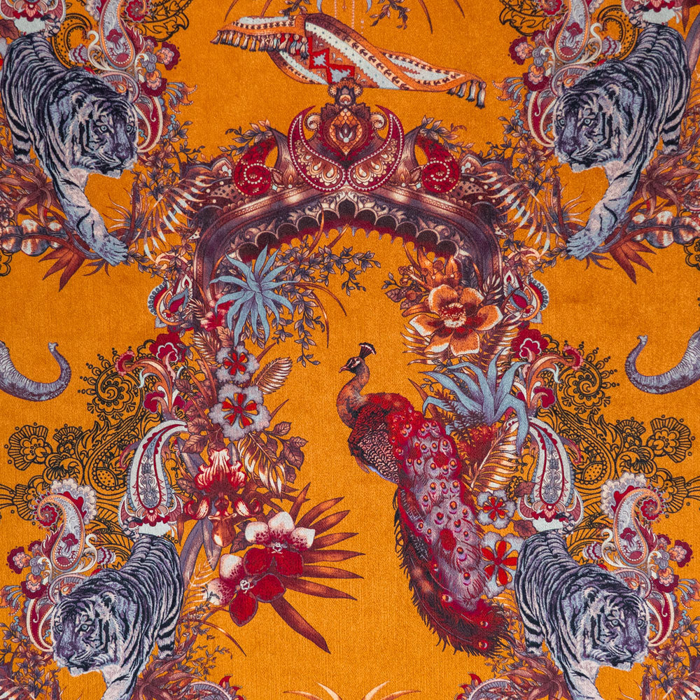 Close-up of the pattern artwork on Magic Of India orange yellow patterned velvet upholstery fabric