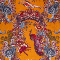 Close-up of the pattern artwork on Magic Of India orange yellow patterned velvet upholstery fabric