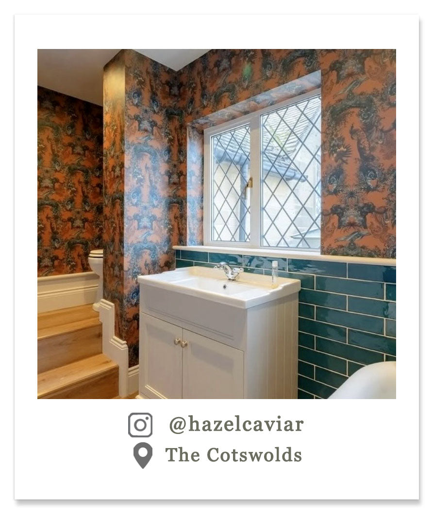 Maximalist Bathroom with Patterned Wallpaper by UK Designer, Becca Who