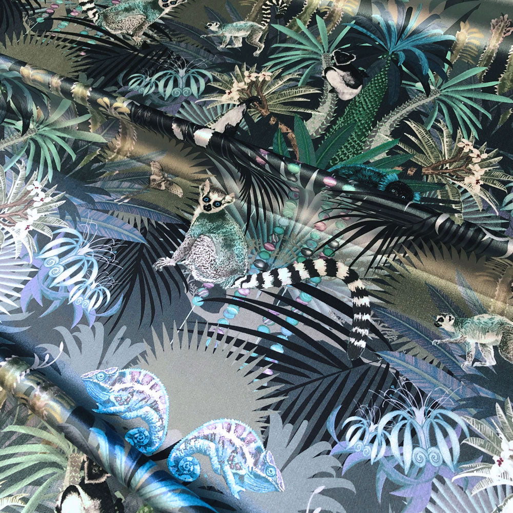 Dusky Blue Patterned Designer Furnishing Fabric, Treetop Tango, by Becca Who