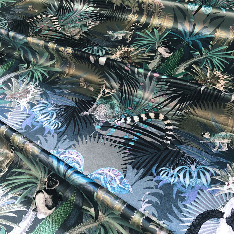 Moody Blue Luxurious Designer Velvet Furnishing Fabric with Tropical Trees