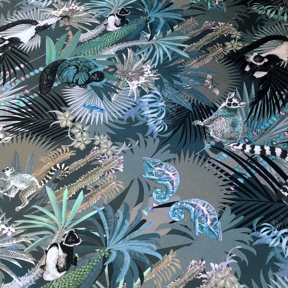 Dusky Blue Velvet Lemurs Patterned Furnishing Fabric Sample