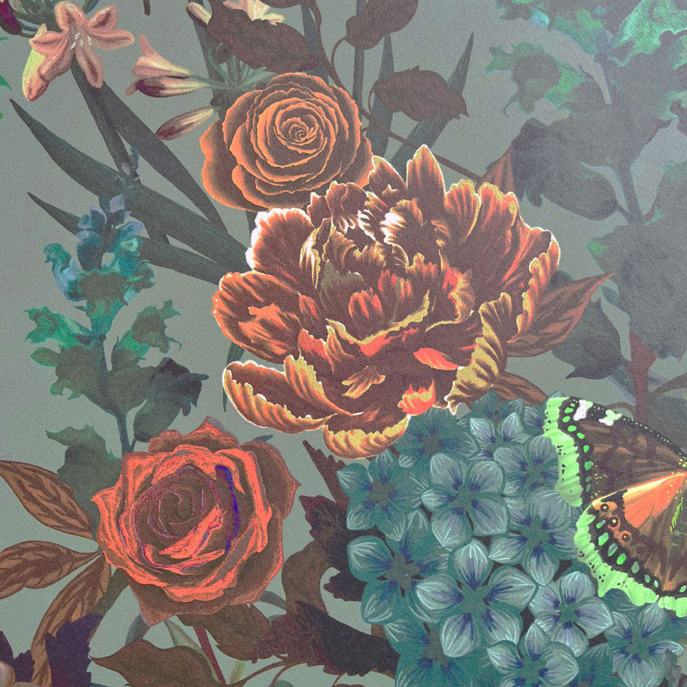 Sage Green Heavy Floral Vintage Inspired Wallpaper