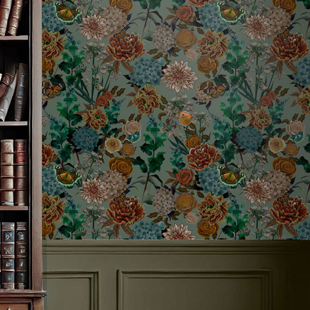 Sage Green Heavy Floral Luxury Wallpaper