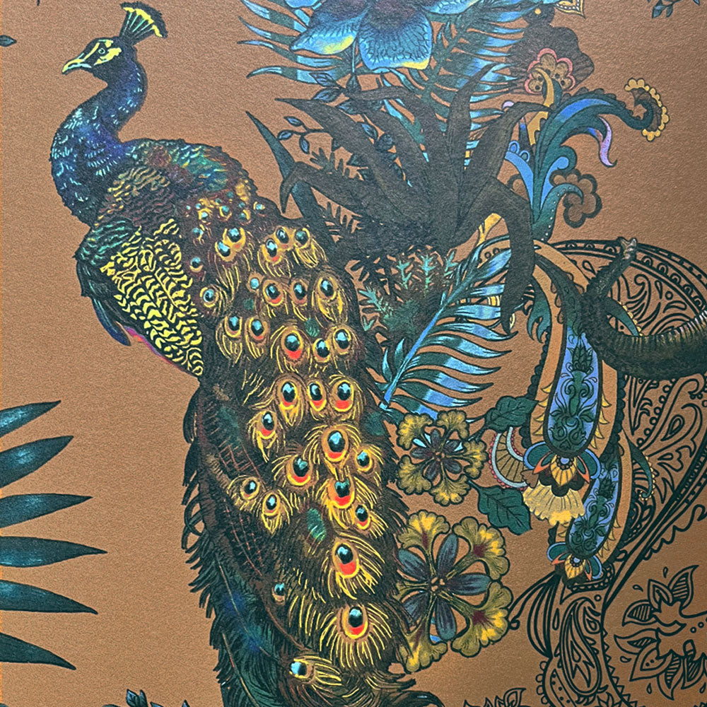 Statement Designer Wallpaper with Peacocks and Indian Pattern in Ochre Yellow by Designer, Becca Who