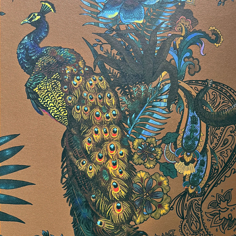 Statement Designer Wallpaper with Peacocks and Indian Pattern in Ochre Yellow by Designer, Becca Who