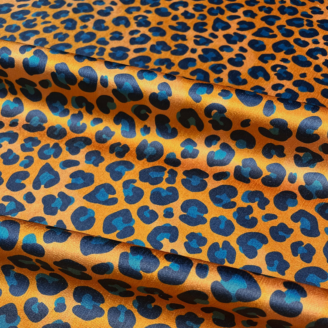 Designer Animal Print Velvet Fabric for Interiors Mustard Yellow & Blue Leopard Print by Becca Who