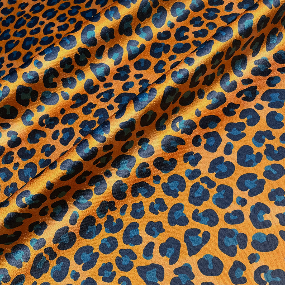 Animal Print Velvet Fabric for Interiors Mustard Yellow & Blue Leopard Print by Designer, Becca Who