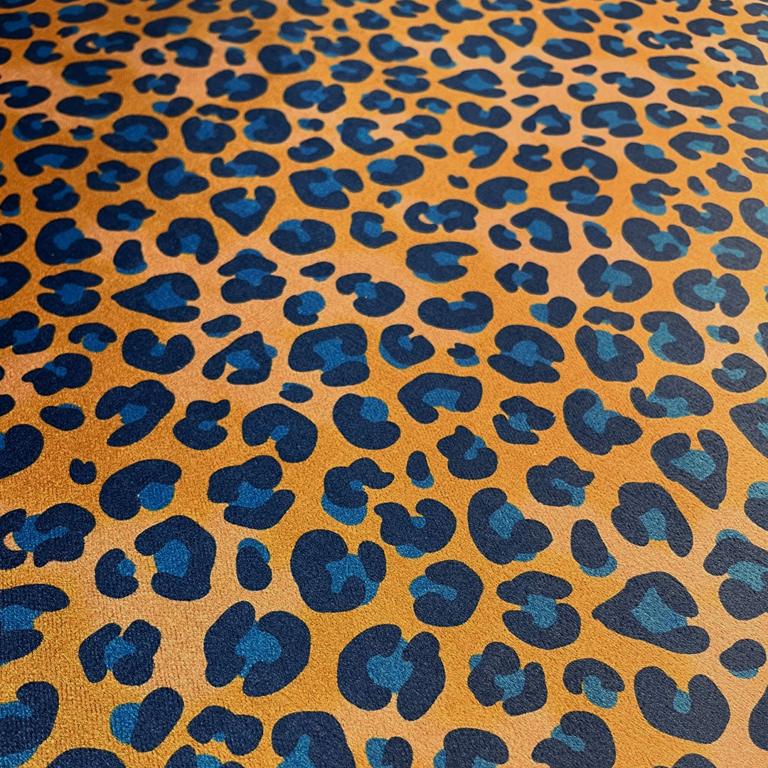 Designer Animal Print Velvet Fabric for Upholstery in Mustard Yellow & Blue Leopard Print by Becca Who