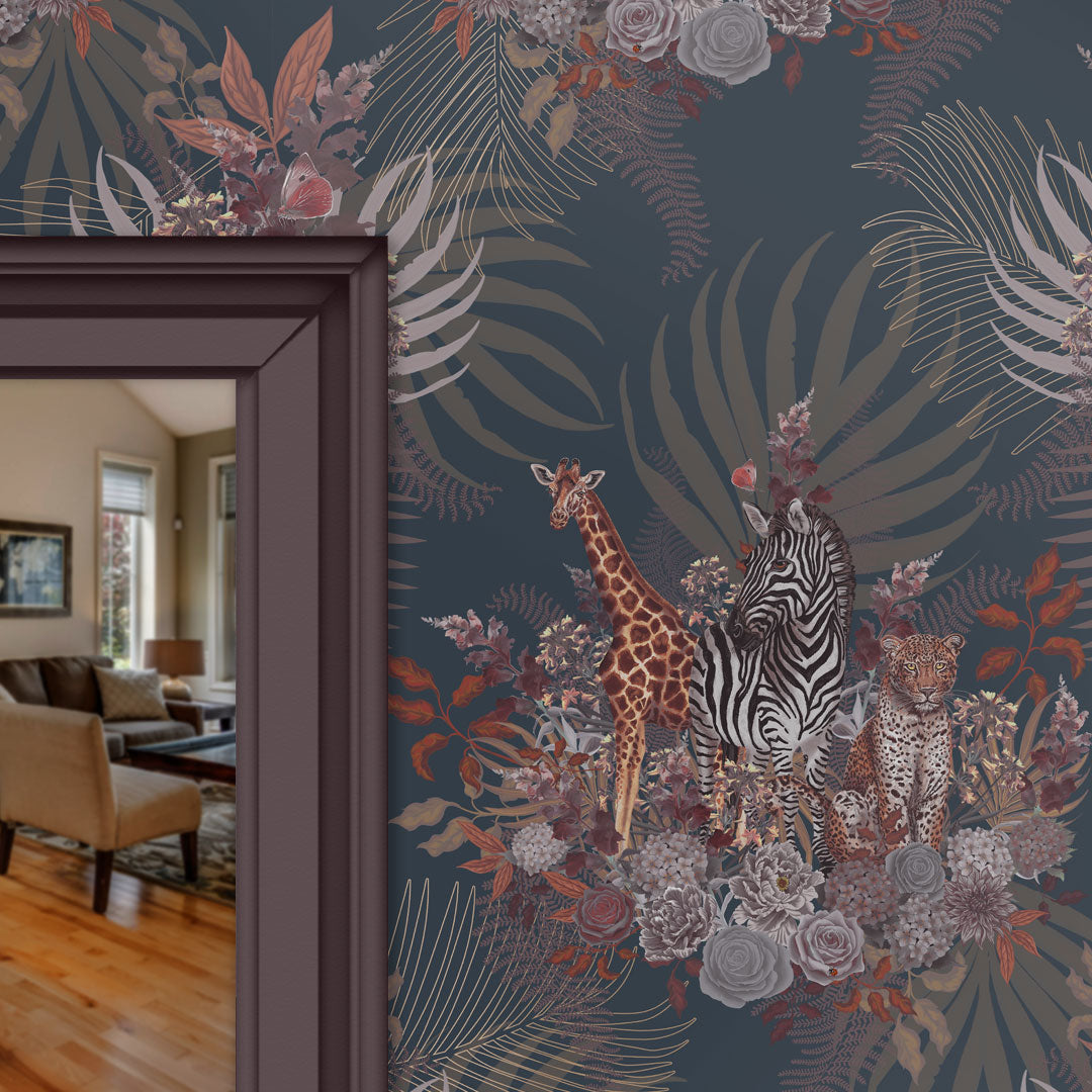 Deep Blue Patterned Designer Wallpaper with African Animals by Becca Who 