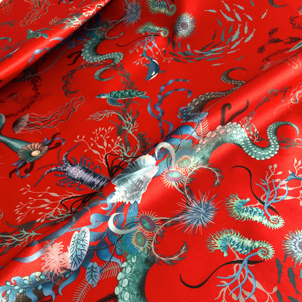Red Ocean Patterned Velvet Fabric for Upholstery, Curtains and Furnishings by Designer, Becca Who