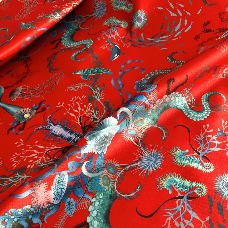 Red Ocean Patterned Velvet Fabric for Upholstery, Curtains and Furnishings by Designer, Becca Who