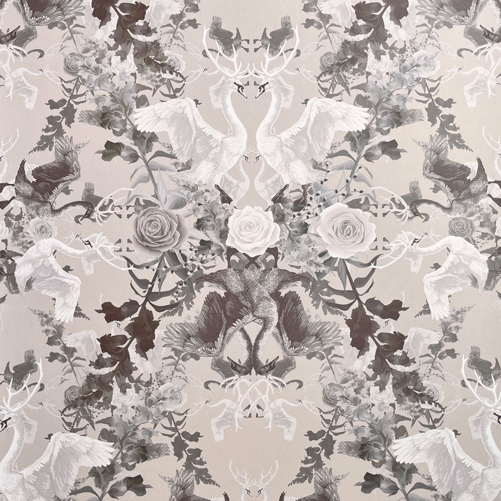 Stone Neutral Floral Swans Patterned Wallpaper by Designer, Becca Who