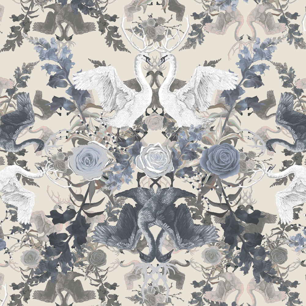 Pale Blue and Ivory Swans Pattern Fabric Design by Becca Who