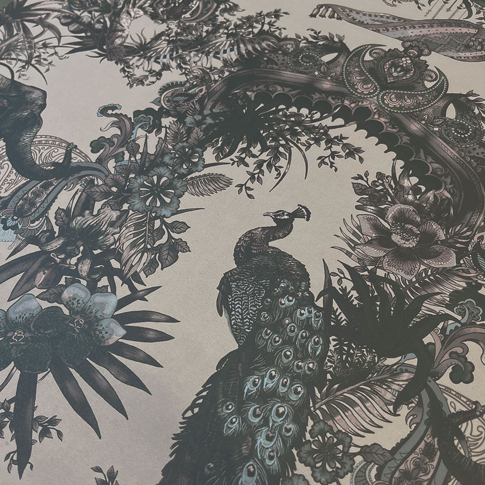 Grey Silver Statement Wallpaper with Indian Pattern by UK Designer Becca Who 