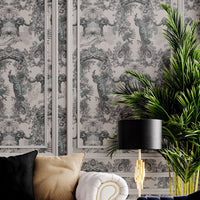 Designer Wallpaper in Antique Silver with Indian Pattern & Wildlife by Becca Who