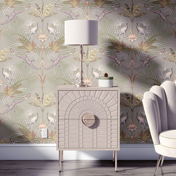 Elegant Designer Wallpaper in Pale Stone with Crocodiles by Becca Who