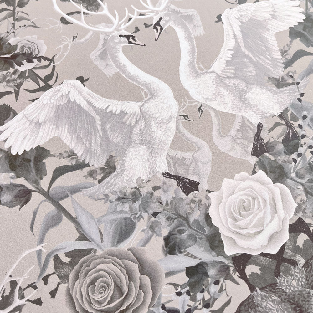Stone Neutral Swans & Floral Patterned Luxury Wallpaper by Designer, Becca Who
