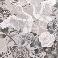 Stone Neutral Swans & Floral Patterned Luxury Wallpaper by Designer, Becca Who
