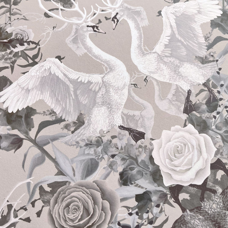 Stone Neutral Swans & Floral Patterned Luxury Wallpaper by Designer, Becca Who