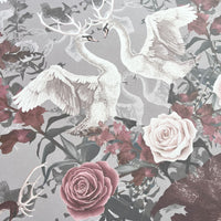 Soft Pink & Grey Floral Wallpaper with Swans