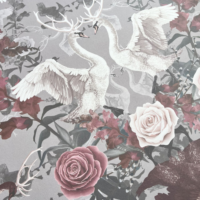 Soft Pink & Grey Floral Wallpaper with Swans