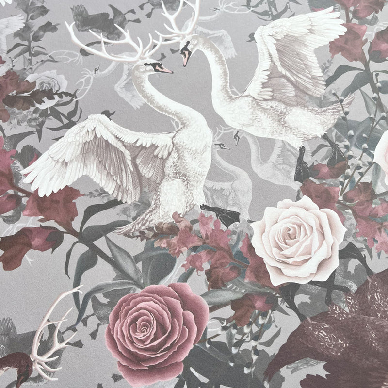 Soft Pink & Grey Floral Wallpaper with Swans