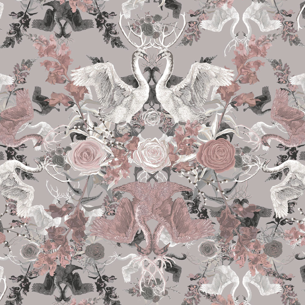 Pale Pink and Grey Swans Pattern Fabric Design by Becca Who