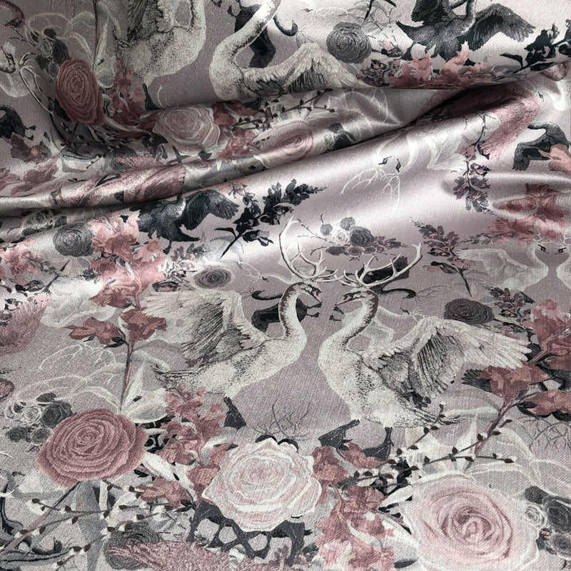 Pale Pink & Grey Swans Patterned Velvet Fabric for Curtains by Designer, Becca Who