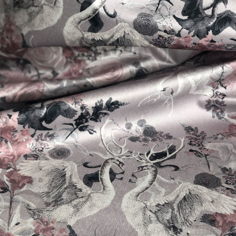 Pale Pink & Grey Swans Patterned Velvet Fabric for Soft Furnishings by Designer, Becca Who