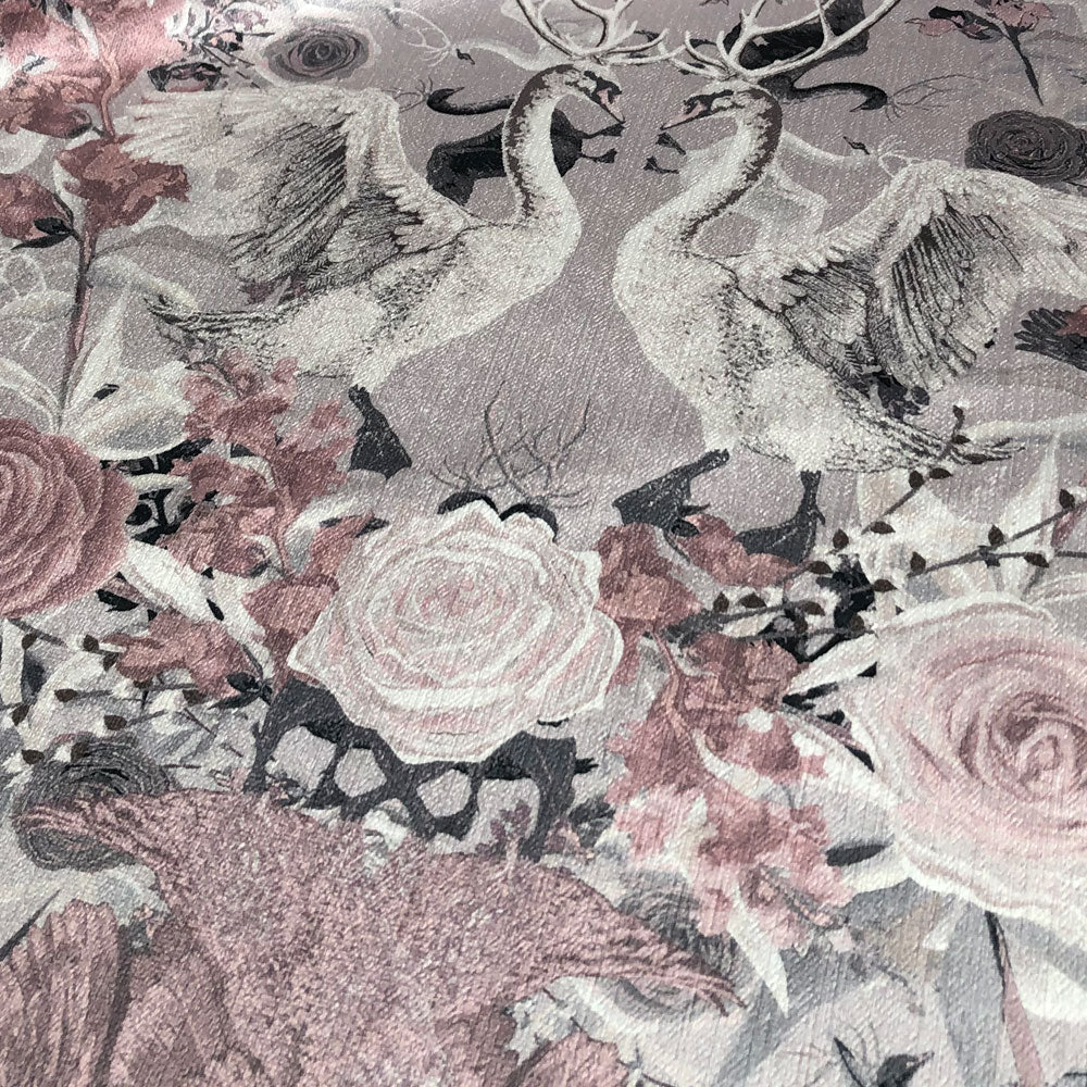 Pale Pink & Grey Swans Patterned Luxurious Velvet Fabric for Upholstery by Designer, Becca Who