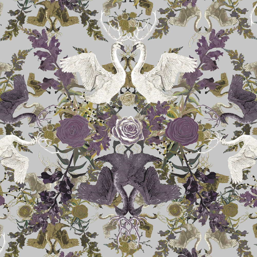 Lilac and Grey Swans Patterned Fabric Design by Becca Who