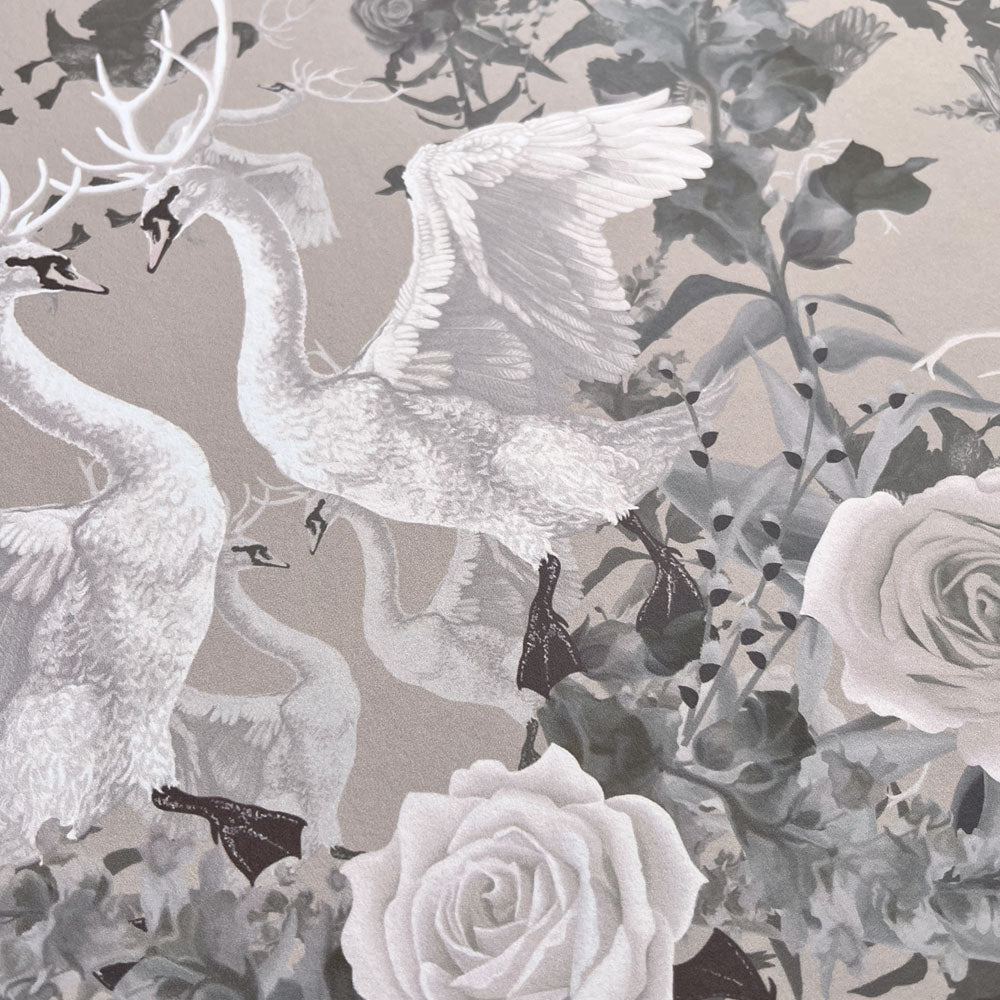 Stone Neutral Patterned Wallpaper with Elegant Swans by Designer, Becca Who