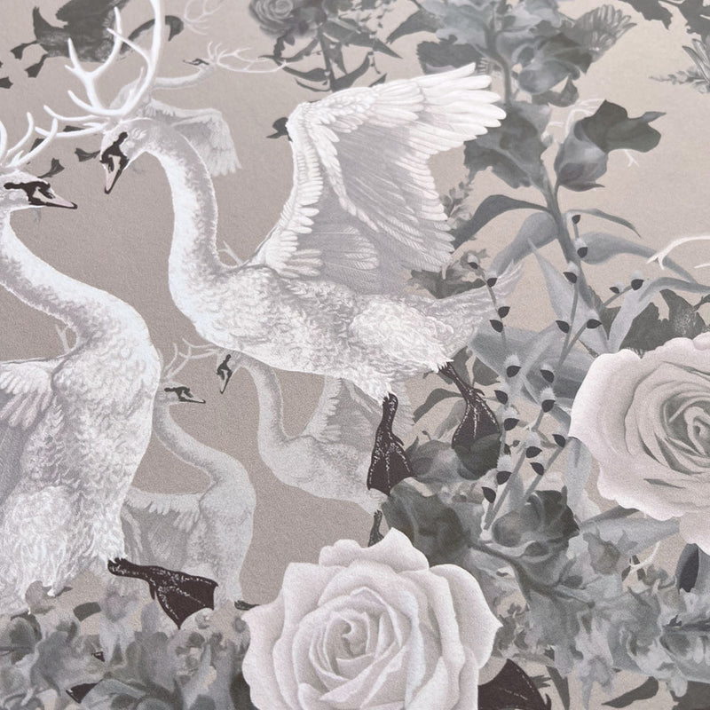 Stone Neutral Patterned Wallpaper with Elegant Swans by Designer, Becca Who