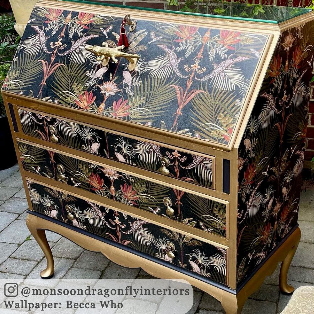 Dark Patterned Feature Luxury Wallpaper by Designer, Becca Who in Black & Gold on upcycled furniture