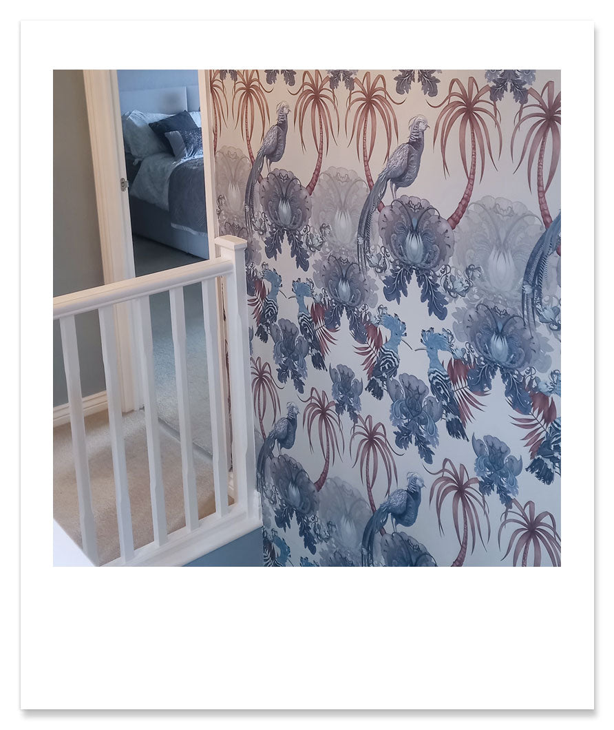 Patterned Statement Luxury Wallpaper with Birds on Landing by UK Designer, Becca Who