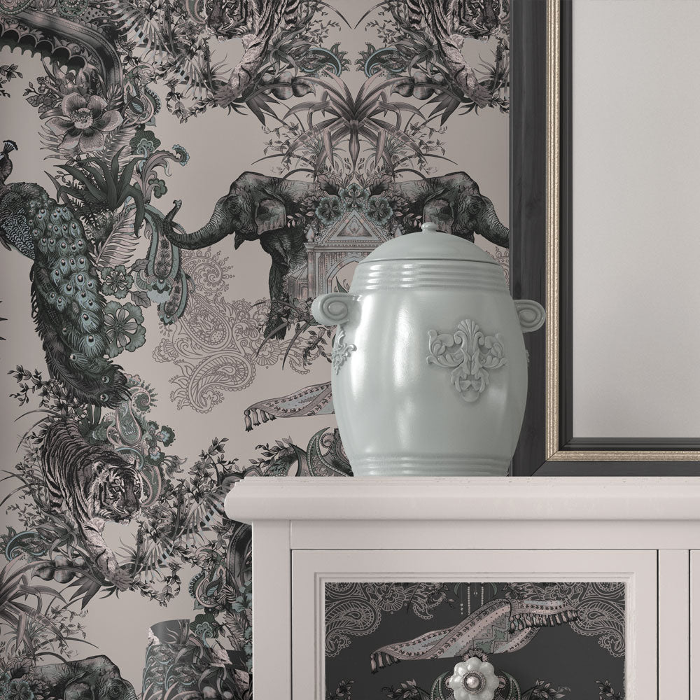 Indian Patterned Grey Feature Wallpaper by Becca Who