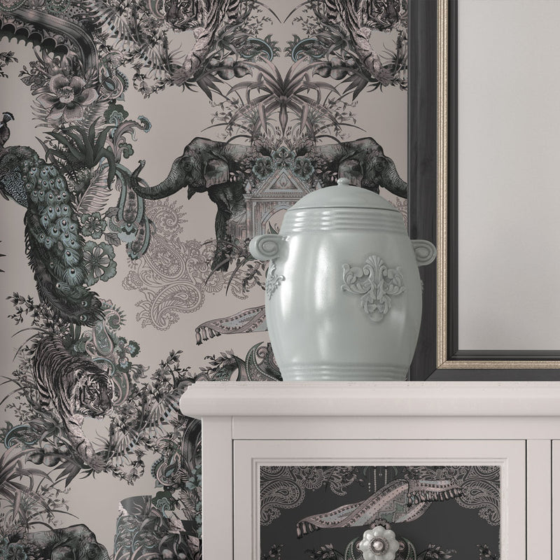 Indian Patterned Grey Feature Wallpaper by Becca Who