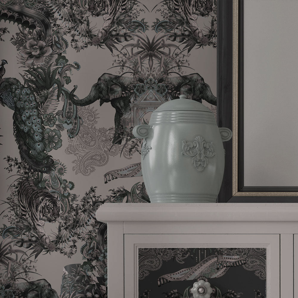 Indian Patterned Grey Feature Wallpaper by Becca Who