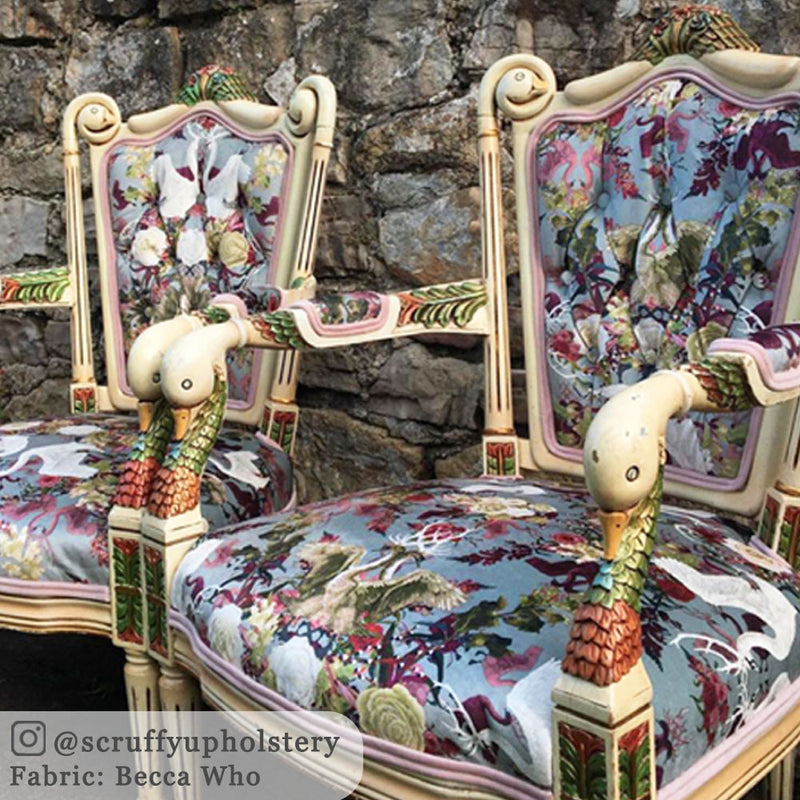 Patterned Swans Velvet Upholstery Fabric by Designer, Becca Who, on unusual dining chairs