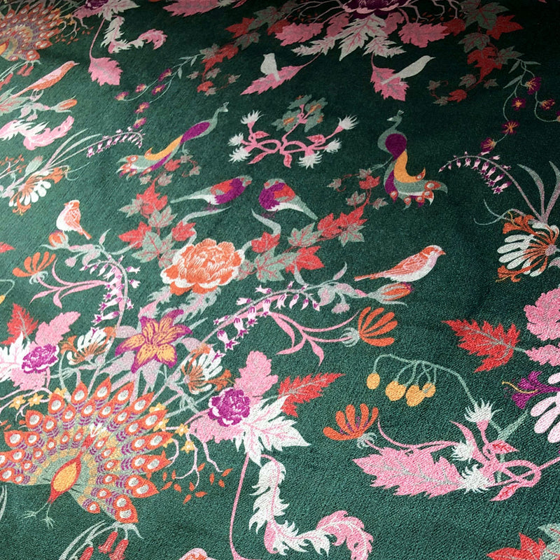 Dark Green Patterned Velvet Fabric with Birds & Floral Print for Upholstery, Curtains & Furnishings by Designer, Becca Who