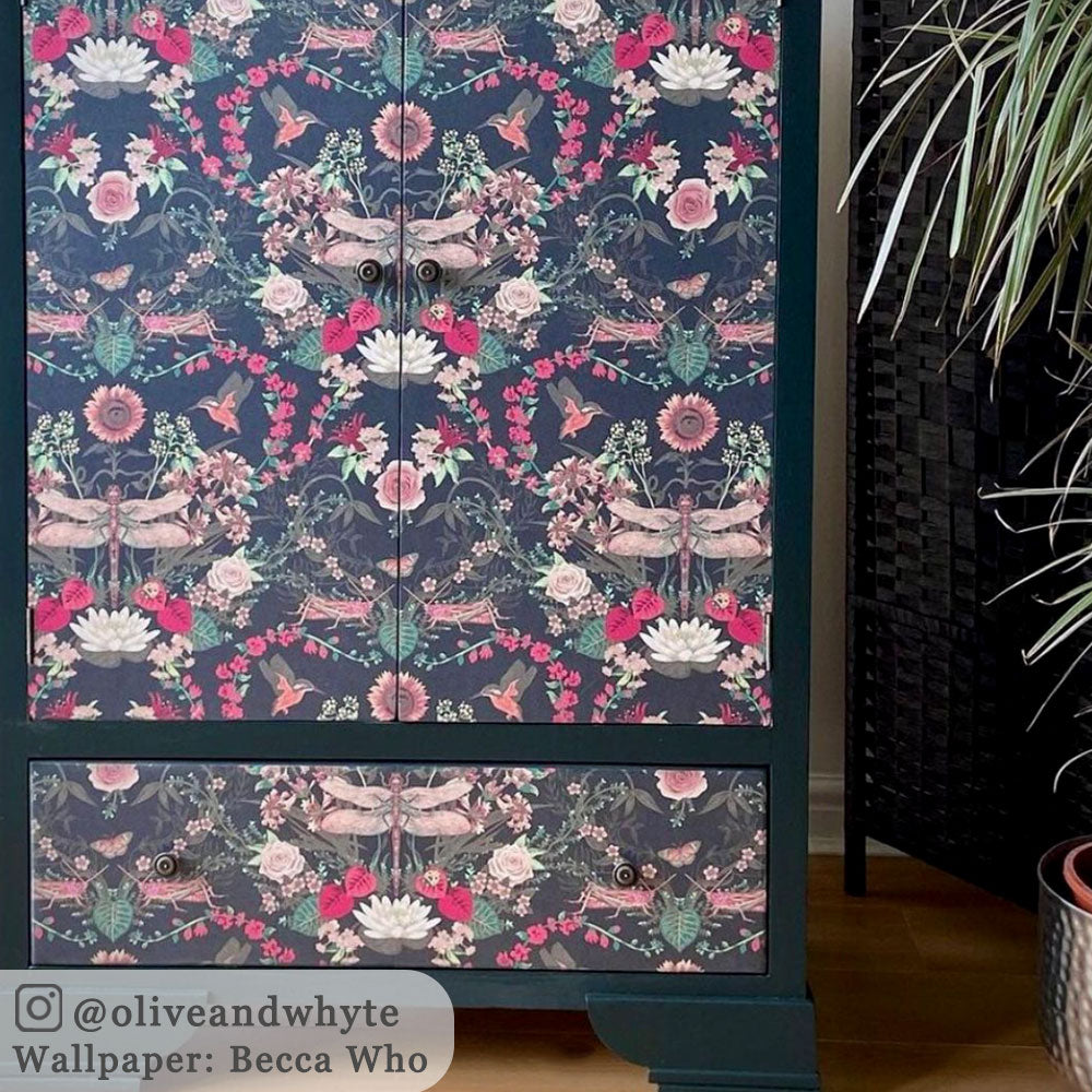 Blue & Pink Patterned Wallpaper by Designer, Becca Who, on upcycled furniture