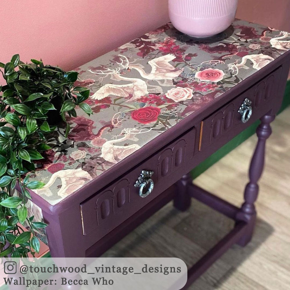 Pink and Grey Swans Wallpaper by Designer, Becca Who, on upcycled console table