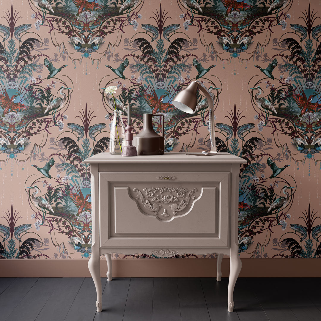 English Riverside Luxury Wallpaper in Peach for Statement Interiors by Designer, Becca Who